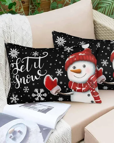 Vista 6 de Fundas de almohada de muñeco de nieve de Navidad, funda de almohada larga de lino, diseño de copos de nieve de invierno clásico, negro, protector