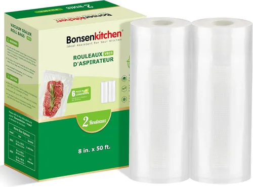 Vista 13 de Bolsas de sellado al vacío Bonsenkitchen, 6 paquetes de 3 rollos de 27,94 cm x 6,10 m + 3 rollos de 20,32 cm x 6,10 m, rollos de bolsas de grado