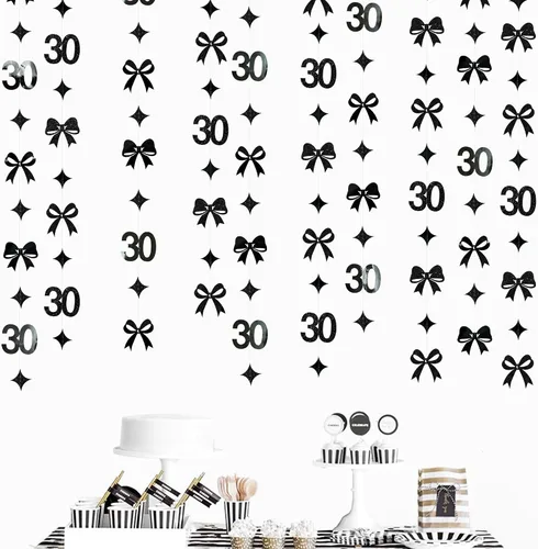 Vista 6 de Decoraciones de cumpleaños negras con lazo del 30 aniversario, guirnalda de lazos coquette con purpurina, pancarta serpentina para mujeres