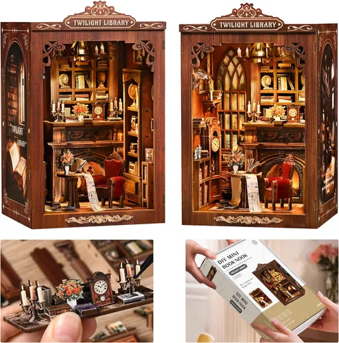 Vista 12 de ISSEVE Kit de Rincón de Libros, Rompecabezas de Madera 3D DIY Casa de Muñecas Booknook para Adultos, Kit de Casa en Miniatura Diminuta Decoración