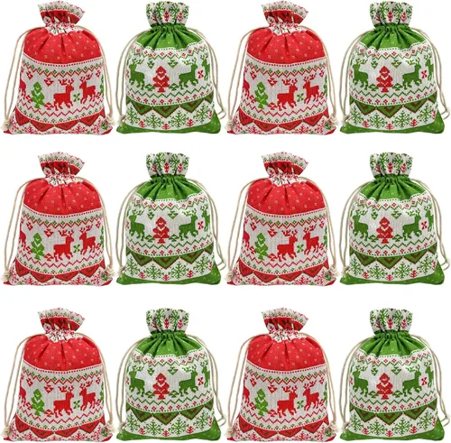 Vista 10 de Jexila 24 bolsas de regalo de arpillera de Navidad de 4 x 6 pulgadas, reutilizables, pequeñas bolsas de dulces con cordón de Navidad para niños