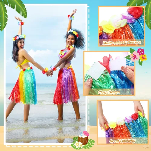 Vista 2 de Skylety 2 Sets 60 cm Luau Hula Grass Skirt with Pineapple Sunglasses Flower Accessories for Dance