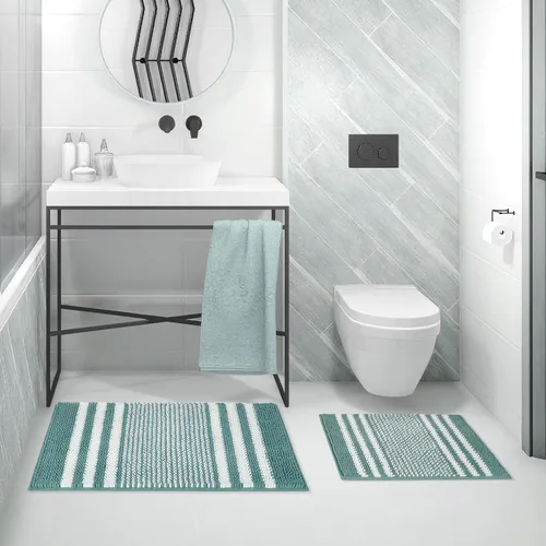 Vista 2 de Juego de 2 alfombras de baño de felpilla extrasuaves y absorbentes, esponjosas, a rayas, antideslizantes, lavables a máquina