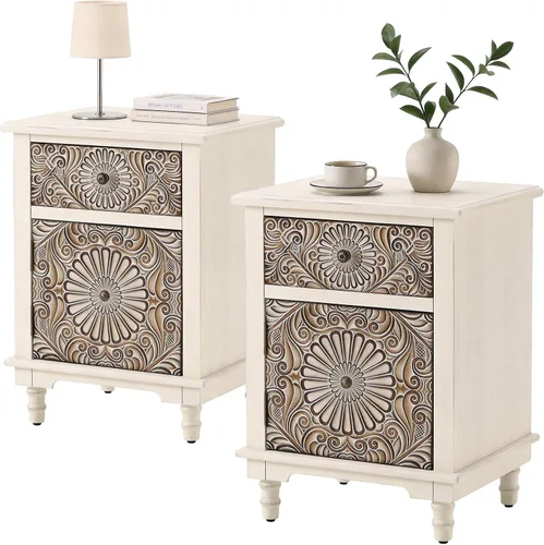 Vista 18 de HOMPUS - Mesa de noche blanca con cajón y almacenamiento, mesa de noche con motivo floral completamente ensamblada para espacios pequeños, mesa