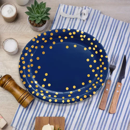 Vista 4 de 30 platos azul marino de 10 x 12 pulgadas, platos ovalados de papel azul y dorado, platos grandes para fiestas patrióticas para jubilaciones del 4