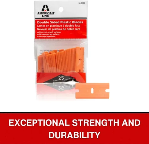 Vista 4 de American Line Cuchillas de plástico naranja de doble filo, paquete de 25, fabricadas con cuchillas de afeitar de plástico duraderas resistentes a