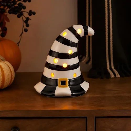 Vista 2 de Mud Pie - Sombrero de bruja iluminado para decoración de Halloween, estante