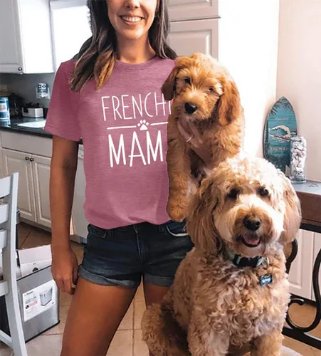 Vista 17 de Camiseta de manga corta con texto en inglés «Frenchie Mama», con estampado de letras para mujer, estilo casual