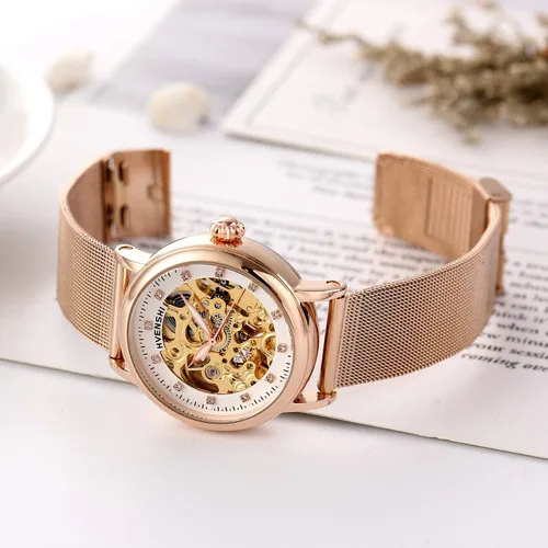 Vista 3 de RORIOS Reloj mecánico automático de las mujeres Auto-Winding Esqueleto Dial Correa de acero inoxidable Señoras Relojes de pulsera