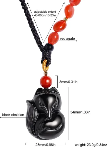 Vista 3 de Wizock Collares delicados de ágata roja zorro obsidiana negra para mujer, cristales curativos y piedras preciosas con colgante de animales, amuleto