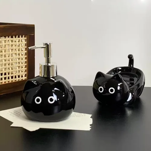 Vista 3 de Dispensador de jabón de cerámica para gatos con bomba de acero inoxidable, perfecto para jabón de platos, jabón líquido, dispensador de jabón