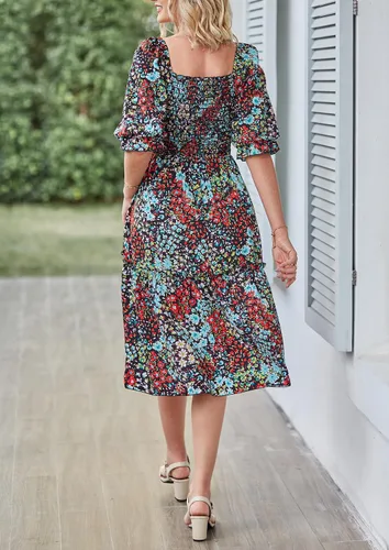 Vista 5 de PRETTYGARDEN - Vestidos informales de verano y primavera para mujer, manga abombada, cuello cuadrado, acampanados, bohemios, florales, fruncidos