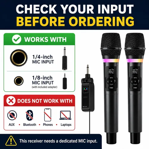 Vista 2 de Micrófonos inalámbricos, sistema de micrófono de karaoke de mano dual de 2.4 GHz con receptor recargable, volumen, eco, agudos, graves y controles