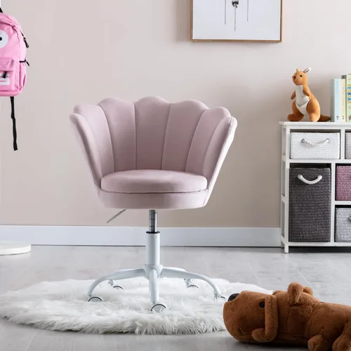 Vista 23 de Silla de escritorio de terciopelo para niños, bonita silla de computadora moderna tapizada, con brazo giratorio, silla de tocador ajustable