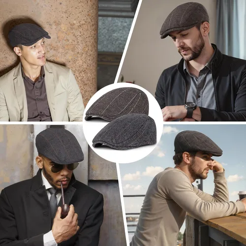 Vista 6 de Senker Fashion Paquete de 2 gorras de Newsboy para hombre, ajustables, de espiga, de lana de tweed, gorra plana, gorra de conducción Ivy Cabbie