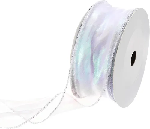 Vista 10 de MECCANIXITY - Cinta de organza con cable de 1 1/2" de ancho, brillante, transparente, con brillo irisado en tonos pastel, cinta de gasa para Beige