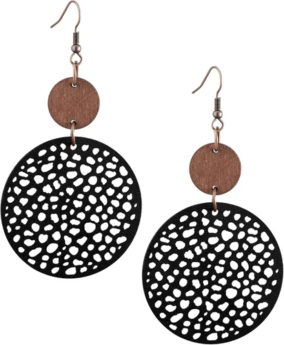 Vista 9 de Bohemian Hollow Cut-Out Wood Leather Dangle Drop Earrings, Boho Chic Hippie Statement Jewelry Gift for Women S01A