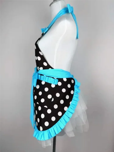 Vista 5 de Hyzrz Lindo delantal retro negro de lunares retro con volantes laterales vintage delantales de cocina con bolsillos para mujeres y niñas (lado azul)