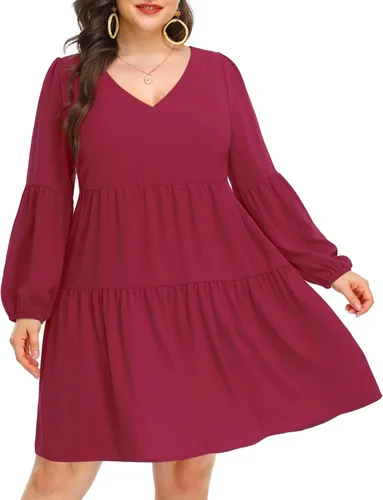 Vista 4 de Pinup Fashion Vestido tipo túnica de otoño para mujer, talla grande, manga larga, cuello en V, casual, holgado, con volantes