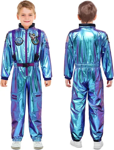 Vista 2 de Latocos Kids Astronaut Costume with Helmet Laser Space Suit for Halloween Boys Girls Pretend Role Play Dress Up Ages 5-14