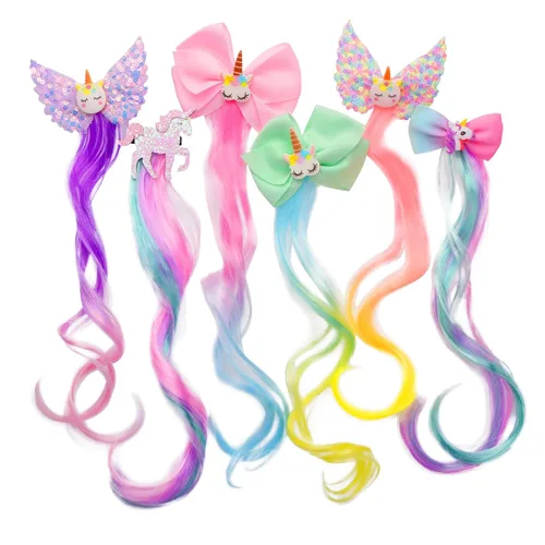 Vista 9 de 8 pinzas para el cabello para niñas, extensiones de cabello de arcoíris liso de animales para niños, accesorios para niñas pequeñas, colas