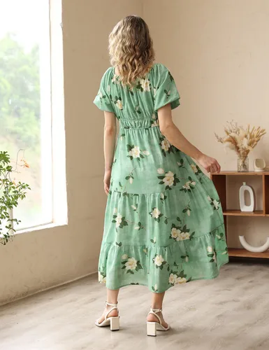 Vista 4 de YESNO Vestido floral casual de verano 2023 para mujer, cuello cuadrado, manga corta, cintura ceñida, maxi vestido con bolsillos, E11