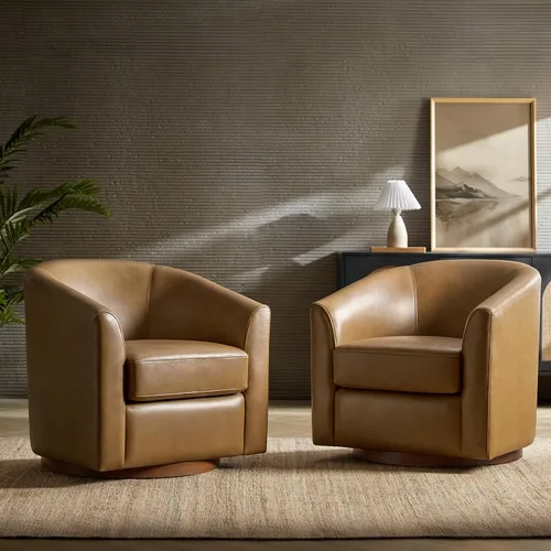 Vista 9 de HULALA HOME Silla giratoria de cuero genuino con base de madera maciza Beige