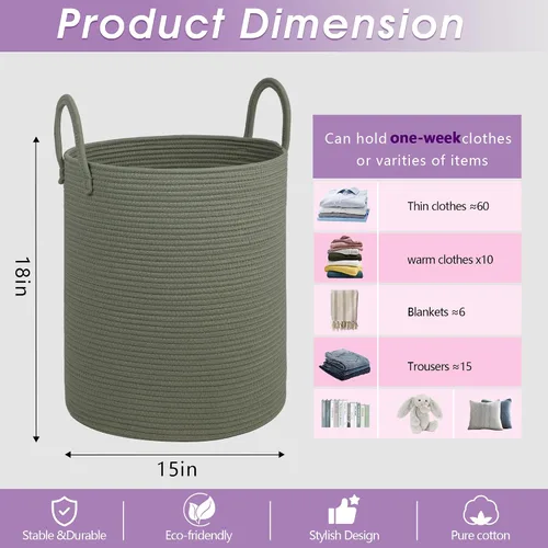 Vista 2 de Cesta de Lavandería Grande, Cesta de Ropa Sucia, Cesta de Almacenamiento de Cuerda de Algodón de 15''x18'' con Asas, cesta para bebé, Almacenamiento