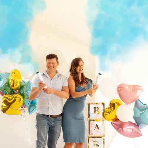 Vista 6 de PrimePure Cañón de confeti para revelación de género, cañones de polvo biodegradables, bomba de humo, color azul, paquete de 2 unidades, para fiesta