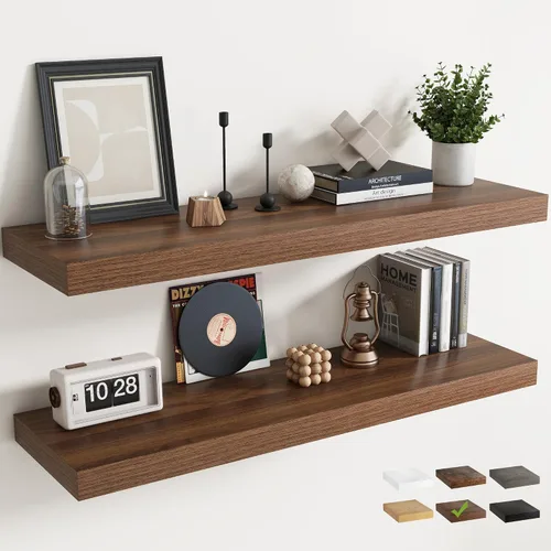 Vista 26 de Juego de 2 estantes flotantes de 16 pulgadas para pared, estantes de baño de grano de madera de 12 pulgadas de profundidad con soportes invisibles