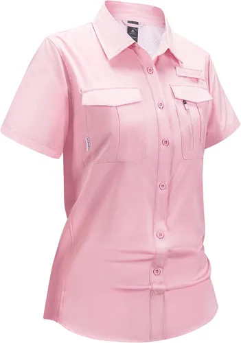 Vista 7 de Haimont Camisas de senderismo y pesca con protección solar para mujer, manga corta, abotonadas, resistentes al agua, de secado rápido