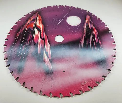 Vista 2 de Double Sided Saw blade Painting in Purple Colors of Fantasy Landscape scenes Flip Sides by artist Jason Girard