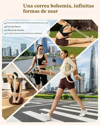 Vista 5 de Correas para esterilla de yoga para llevar, hechas a mano, trenzadas, bohemias, con borlas, correa de macramé, ajustable, gruesa, soporte