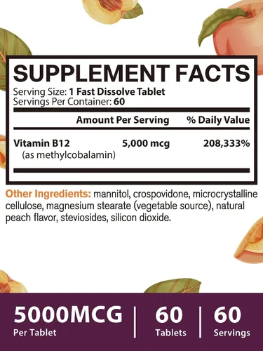Vista 4 de Vitamina B12 sublingual, metilcobalamina 5000mcg para la producción de energía Energía, apoyo nervioso y celular, sabor natural a melocotón