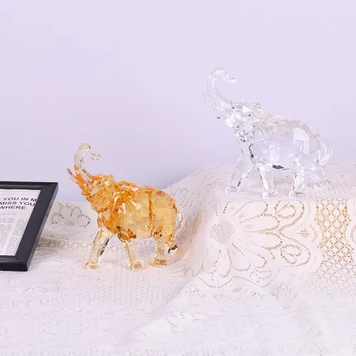 Vista 6 de Figuras de elefante acrílico transparente con acabado de cristal, estatuas africanas de alta gama para decoración del hogar, elefante con tronco