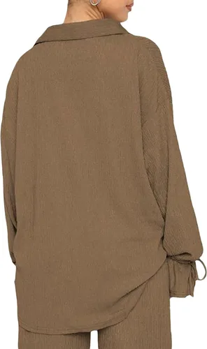 Vista 4 de Conjunto casual de 2 piezas para mujer, camisa con botones gráficos sólidos y pantalones palazzo de pierna ancha y cintura alta y pantalones cortos