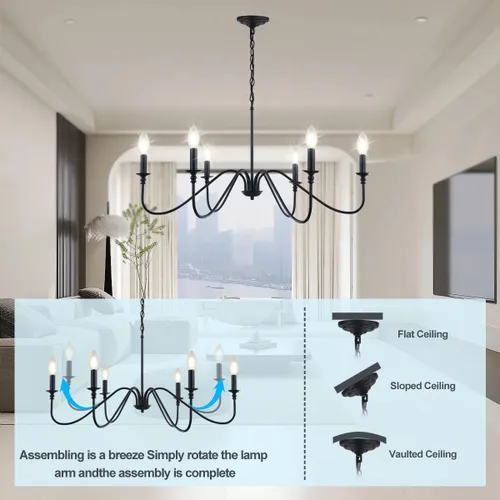 Vista 8 de Candelabro negro, 6 luces rústicas industriales de hierro para comedor, accesorios de iluminación colgantes, velas colgantes, pasillo, sala