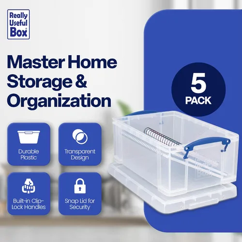 Vista 2 de Really Useful Box - Contenedores de almacenamiento de plástico apilables de 9 litros con tapa de cierre y asas con clip incorporado