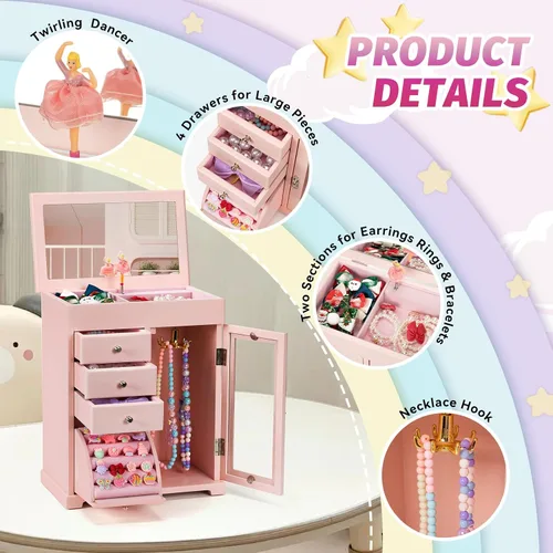 Vista 6 de Miratino Joyero musical para niñas, joyero para niños con bailarina giratoria, cajas grandes de madera de 5 capas de joyería y organizadores