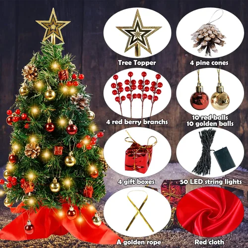 Vista 2 de Blissun Mini árbol de Navidad de 2 pies, pinos artificiales de Navidad, árbol de Navidad de mesa, mini pino de Navidad con luces LED, estrella
