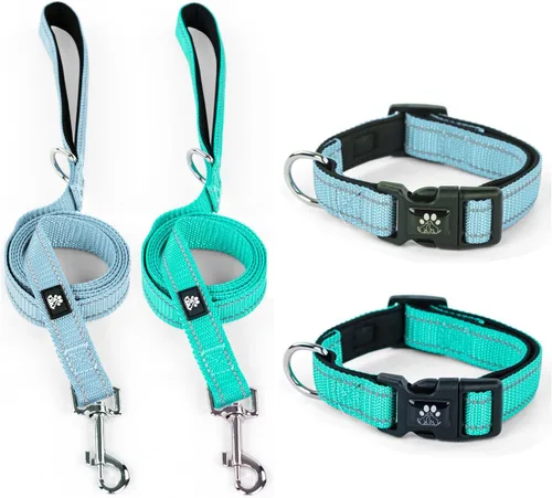Vista 23 de IVY&LANE Juego de collar y correa reflectante para perro, collares de perro acolchados de neopreno ajustable para cachorros, collar de nailon