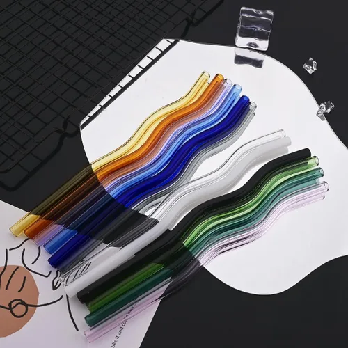 Vista 8 de JASHII Pajitas de vidrio ondulado negro – 8 piezas, 7.87 x 0.31 pulgadas, reutilizables con bolsa negra, multicolor para beber bebidas