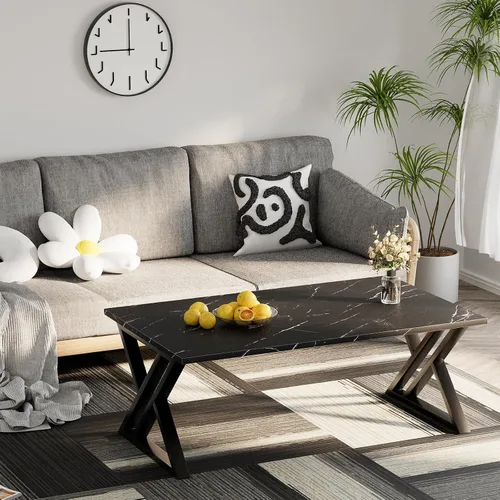 Vista 4 de Wolawu - Mesa de café para sala de estar, mesa central negra, mesa de té rectangular moderna y simple de mármol falso con marco de metal acabado