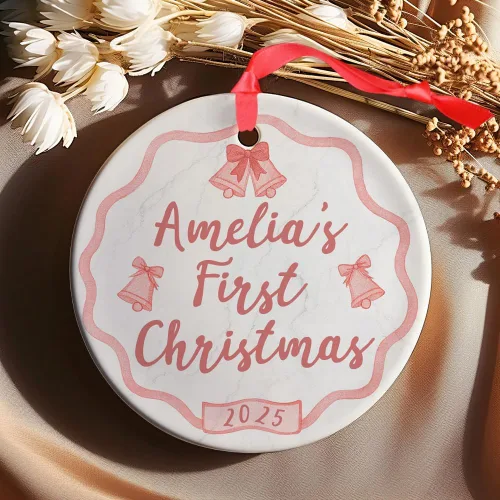 Vista 4 de Adorno personalizado de cerámica para la primera Navidad del bebé 2025 – Recuerdo navideño de copo de nieve personalizado con nombre, nuevo adorno