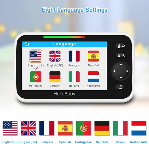 Vista 7 de HelloBaby Monitor con cámara y audio, pantalla de 5'' con transmisión de video de 16 horas, cámara remota con panorámica-inclinación-zoom