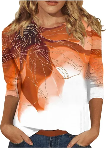 Vista 109 de Camisetas personalizadas para mujer, a la moda, casual, de séptima manga, estampada, cuello redondo, camiseta