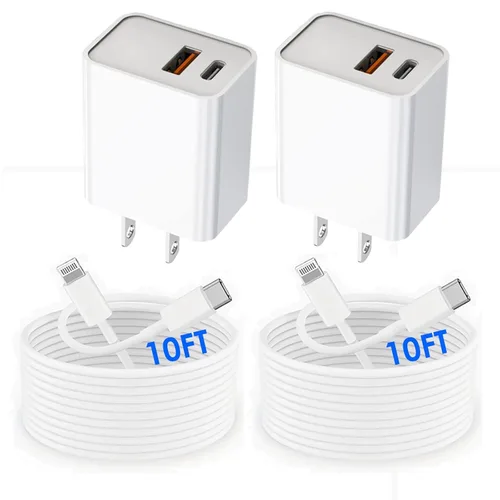 Vista 11 de Cargador rápido para iPhone, [certificado MFi] 2 paquetes de 20 W de doble puerto PD/QC3.0 USB C cargador de pared con cable USB C a Lightning de 6