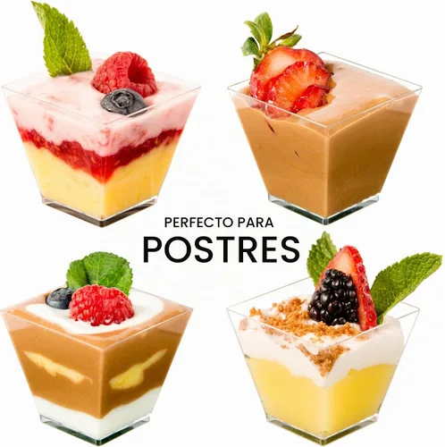 Vista 6 de DLux 100 x 2oz Tazas Cuadradas Mini de Postre con Cucharas y Tapas, Taza de Plástico Transparente para Aperitivos Parfait - Pequeño Cuenco