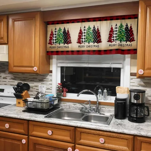 Vista 8 de Cortina de cenefas para cocina, cafetería, cenefa retro para ventana de árbol de Navidad, 1 panel, cortinas cortas de 42 x 12 pulgadas, bolsillo
