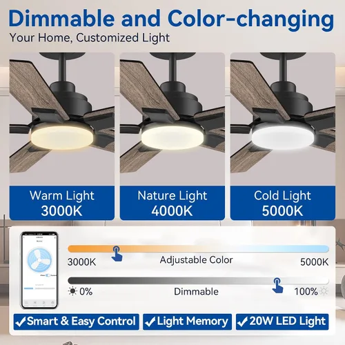 Vista 6 de Ventilador de techo inteligente de 42 pulgadas con control remoto de luces Montaje empotrado en negro y nogal